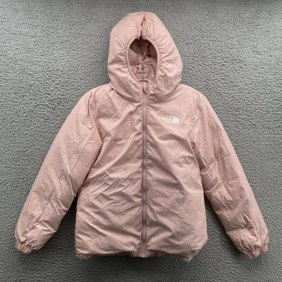North Face Goose Down 550 Puffer Jacket Youth Girl Medium Pink Reversible Winter